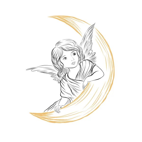 有半个月亮的天使宝宝有翅膀的人类神 中人物的线画 可爱的孩子晚上在天空中飞翔 圣诞节 复活节 宗教节日的设计 — 图库矢量图片