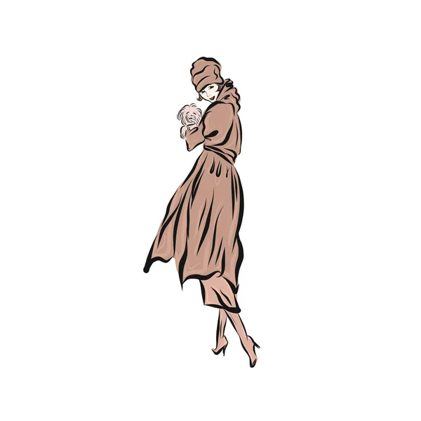 Kahverengi Uzun Paltolu Şapkalı Bir Kadın Köpeği Tutuyor Klasik Tarzda — Stok Vektör