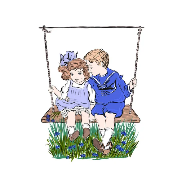 Boy Hugs Girl Swing Outdoors Funny Couple Preschool Children — Stock Vector