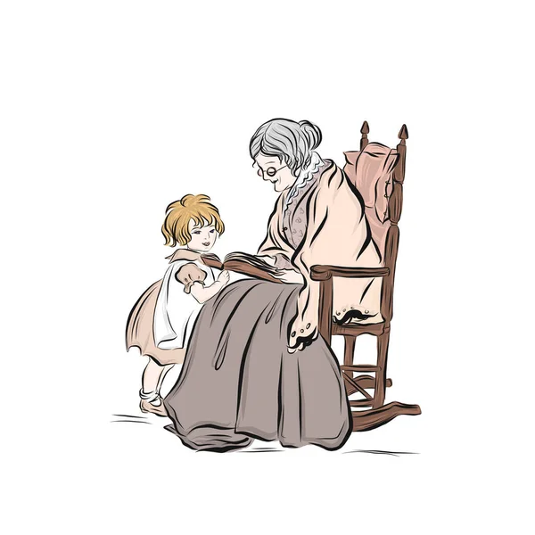 快乐的家庭阅读 奶奶给孙女读书 老妇人坐在摇椅上 灰白头发的祖母 不同的世代 — 图库矢量图片
