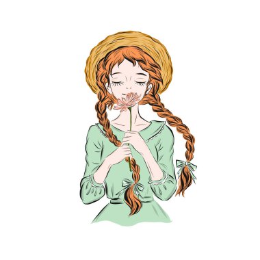  Cheerful girl with braided hair inhale aroma of flower. Adorable happy girl in straw hat with two pigtails. Teenager with orange hair. clipart