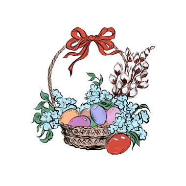  Paskalya yumurtaları, çiçekler, vadideki zambaklar ve söğütlerle dolu bir sepet.. 