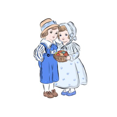  Paskalya kartı, içinde Paskalya renklerinde yumurta sepeti olan sevimli çocuklar.. 