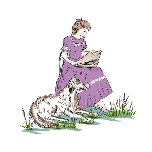 Dívka Šeříkových Plesových Šatech Čte Knihu Sedí Zahradě Levandulí Psem — Stockový vektor