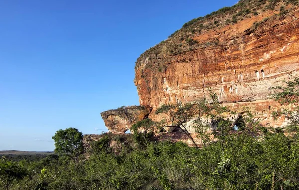 Colorful Arenite Rock Contrasting Green Fields Blue Sky Jalapao Brazil — Stock Photo, Image