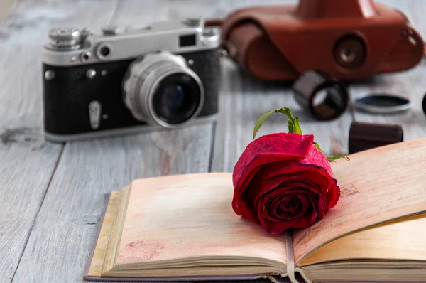 A beautiful red rose lies on a gray wooden table against the background of films from the camera and an old camera and an opened book. Old camera, bag and films on a gray wooden table.