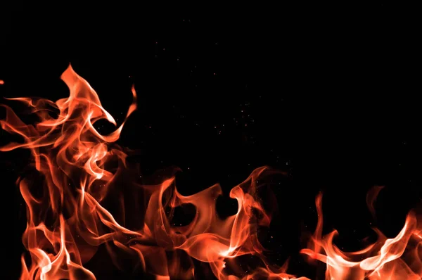 Siyah arka planda şenlik ateşi. Ateş düzeni. Siyah yalıtılmış arka planda alev dilleri