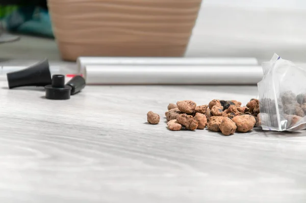 Gri ahşap zemindeki drenaj, nem ölçme tüpü ve çömleği kapatın. Kapalı alandaki bitkilerle ilgilenin. Çiçek nakli.