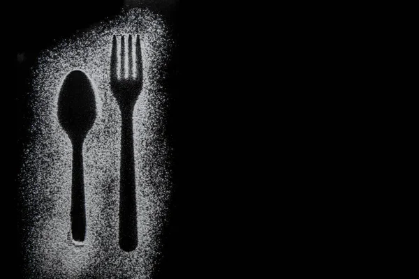 Fork Tea Spoon Silhouette Made Flour Black Background Horizontal View — Stock Photo, Image
