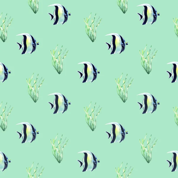 Akwarela ryb zielony wzór — Zdjęcie stockowe