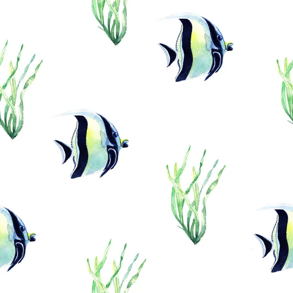 Akvarelu zelené rybí vzor — Stock fotografie