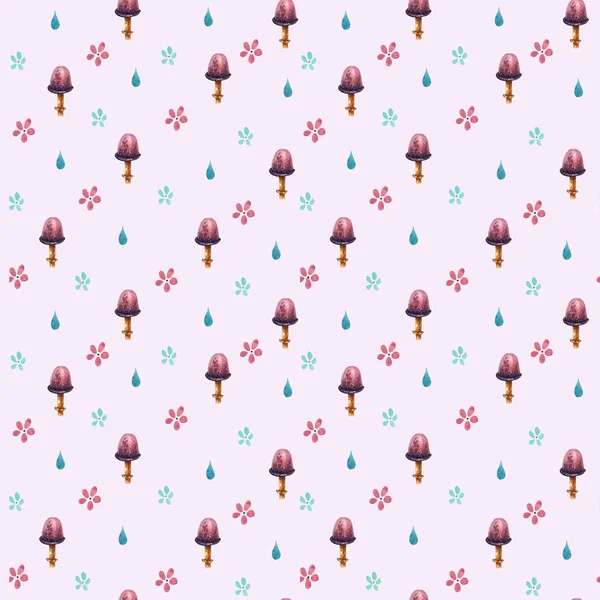 水彩の雨とマッシュルームのパターン — ストック写真