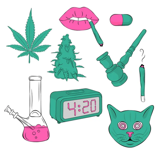 Ensemble Vectoriel Avec Caractère Cannabis Chat — Image vectorielle