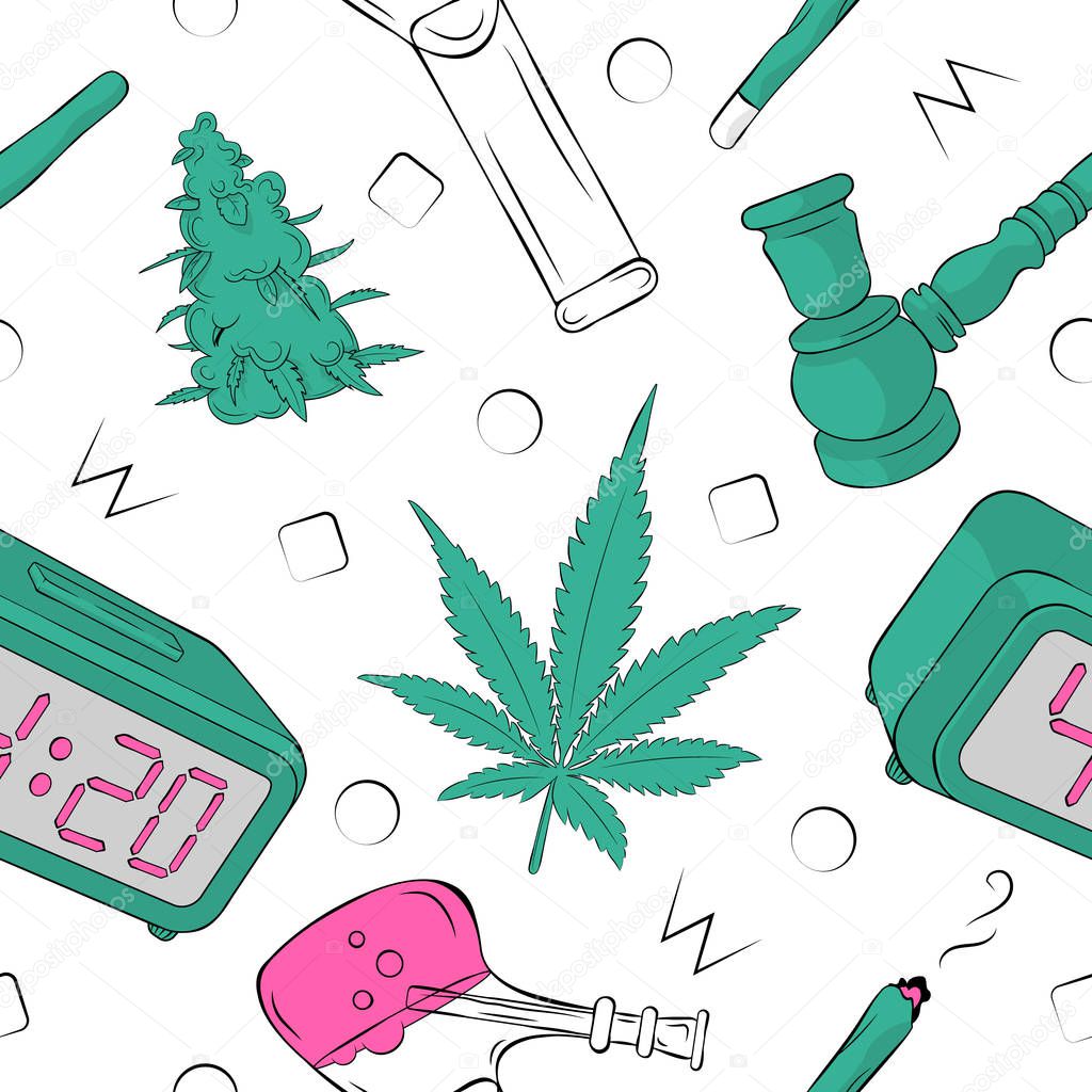 Vector pattern with cannabis and clock