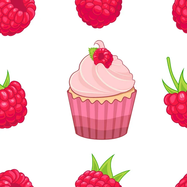 ベクトルラズベリーカップケーキとラズベリーパターン — ストックベクタ