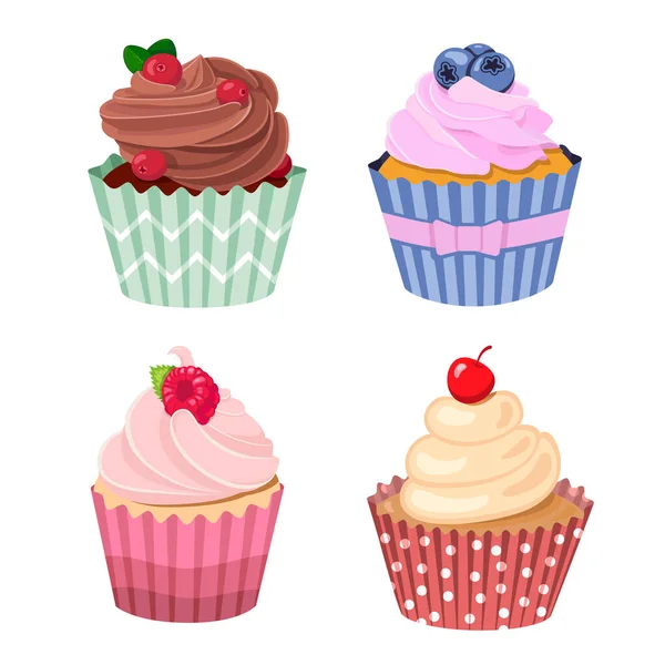 Four Cupcakes Berries White Background — Stock Vector