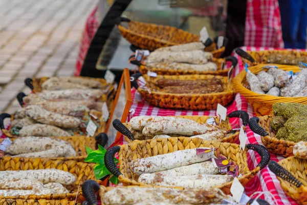 Sausages on sale in a French market — Stock Photo, Image