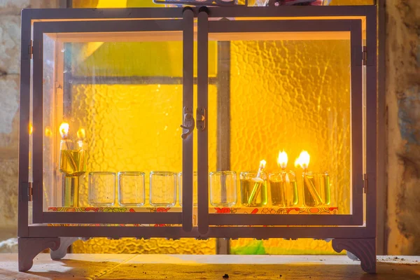 Traditional Menorah (Hanukkah Lamp) with olive oil candles — Stock Photo, Image