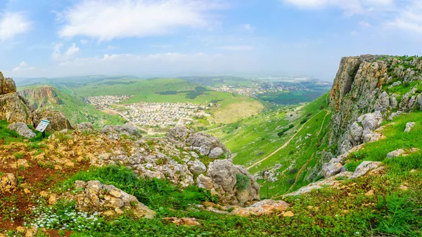 Панорамный Вид Горы Арбель Деревня Вади Хамам Мигдаль Галилейское Море — стоковое фото