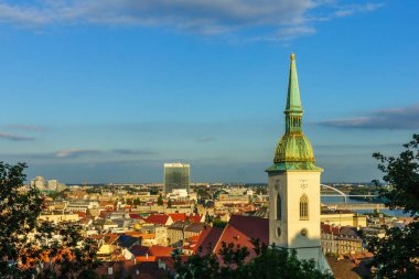 Bratislava, Slovakya - 24 Eylül 2013: Bratislava, Slovakya 'da St. Martins Katedrali ve Tuna Nehri ile kentin manzarası