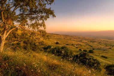 Golan Tepeleri 'nin ve Hula Vadisi' nin yamaçlarının günbatımı manzarası. Kuzey İsrail