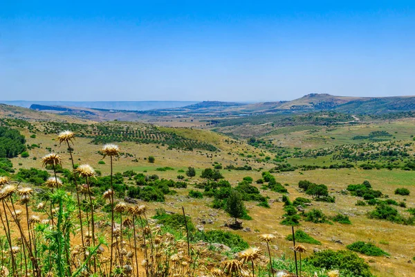 Pohled Galilejskou Krajinu Horou Arbel Golanskými Výšinami Pozadí Severní Izrael — Stock fotografie