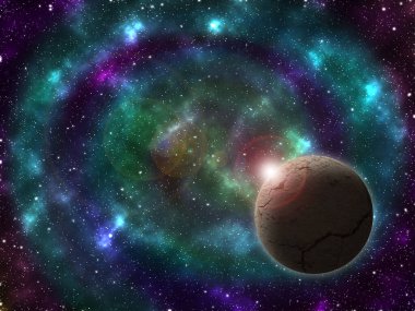 Dış uzaydaki bir gezegenin ve onun arkasındaki bir galaksinin çizimi yıldızları ve uzay bulutlarını taklit ediyor.