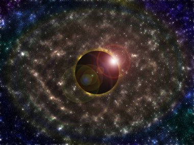 Güneş tutulmasının bir sürü yıldız, simüle nebula ve uzay bulutlarıyla canlandırılması