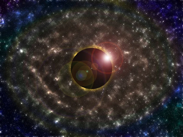 Güneş tutulmasının bir sürü yıldız, simüle nebula ve uzay bulutlarıyla canlandırılması