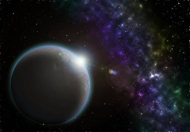 Uzayda bir sürü yıldızlı bir nebulanın arka planına sahip buzlu bir gezegenin tasviri