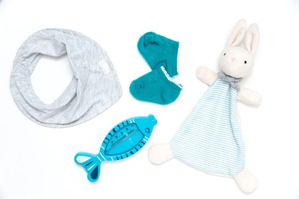 还是孩子们的生活毛绒玩具手套 浴缸温度计 — 图库照片