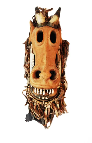 LIthuanian folk art - traditional wooden masks devils, horses, warriors, shamans, witches, spirits and animals like wollf and goat. — Stock Photo, Image