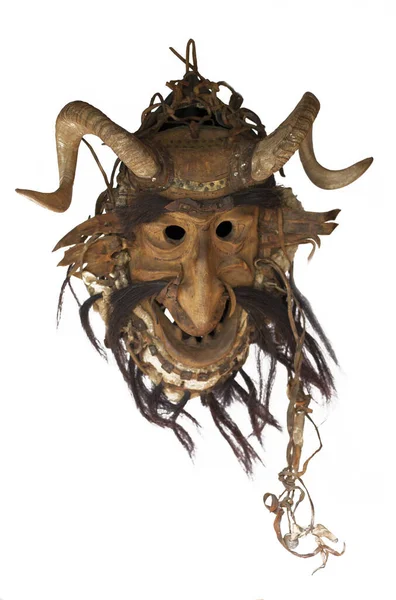 LIthuanian folk art - traditional wooden masks devils, horses, warriors, shamans, witches, spirits and animals like wollf and goat. — Stock Photo, Image