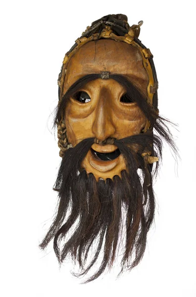 LIthuanian folk art - traditional wooden masks devils, horses, warriors, shamans, witches, spirits and animals like wollf and goat. — Stock Photo, Image