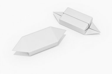 3D render, paket süt şeker, süt fudge, perakende paket mockup yerine ayarla. Fotogerçekçi ambalaj. 3D teknoloji yaptı. Paket beyaz bir arka plan üzerinde. Kağıt ambalaj. Mockup, yan görünüm. 