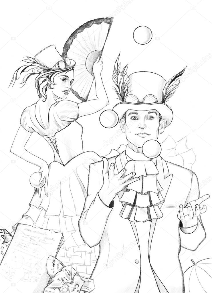 Illustration in pencil.Jugglers in the circus.