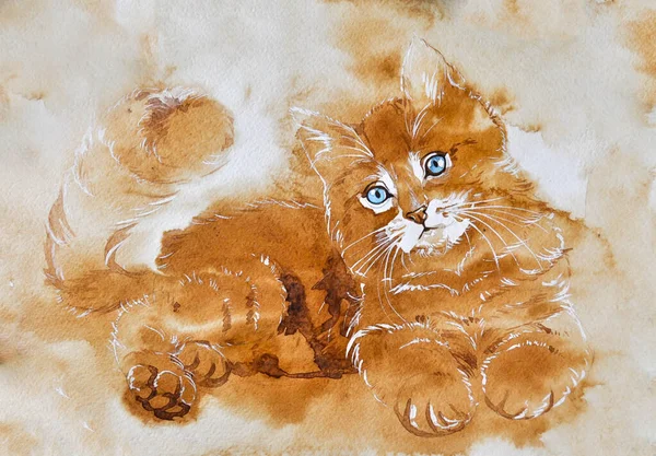 Watercolor Illustration Fluffy Kitten Lying — Stock Photo, Image