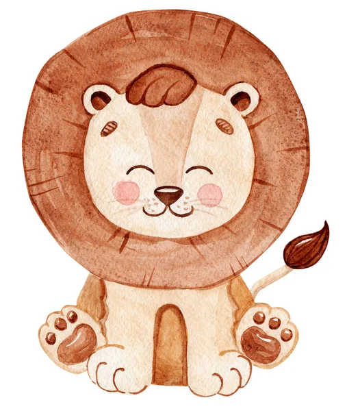 Watercolor Cute Lion Baby Isolated White Background African Wild Animals Stock Picture
