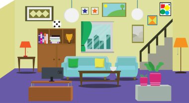 Oturma odasının iç tasarımı. Düz dizayn. Vektör tasarımı