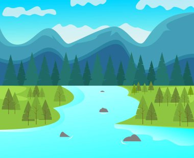 Dağlardaki nehrin çizim vektör tasarımı.