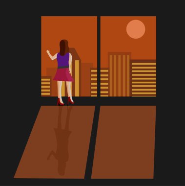 Bir kadının illüstrasyon vektör tasarımı pencerenin önünde duruyor ve alacakaranlığa bakıyor.