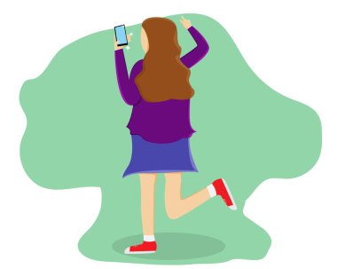 Akıllı telefonuyla selfie çeken bir kızın çizim vektör tasarımı