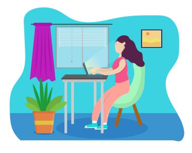 Evde çalışmanın illüstrasyon vektör tasarımı. Serbest Çalışan Kadın.