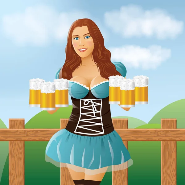 Frau Mit Bierkrügen — Stockvektor