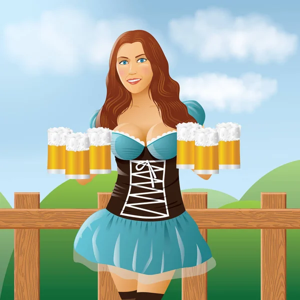 Vrouw Met Biermokken — Stockvector