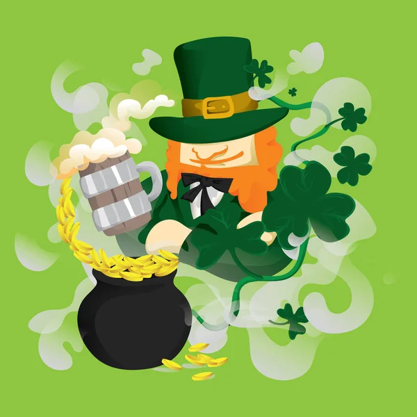 Leprechaun Avec Tasse Bière Pot — Image vectorielle