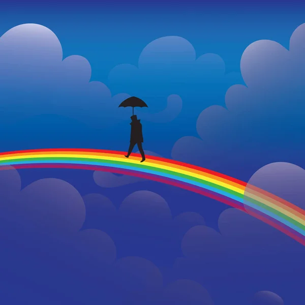 Homme Avec Parapluie Marchant Sur Arc Ciel — Image vectorielle