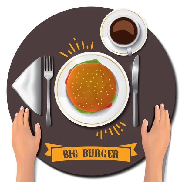 Grand Hamburger Sur Table Avec Les Mains — Image vectorielle