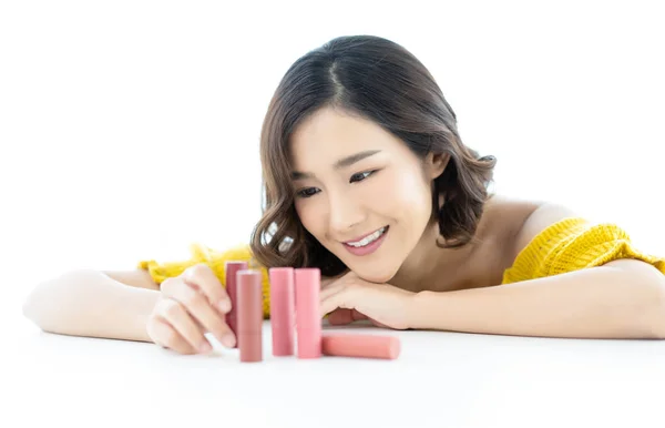 Closeup portrait of inspired Asian lady and healthy skin wearing — Stock Photo, Image