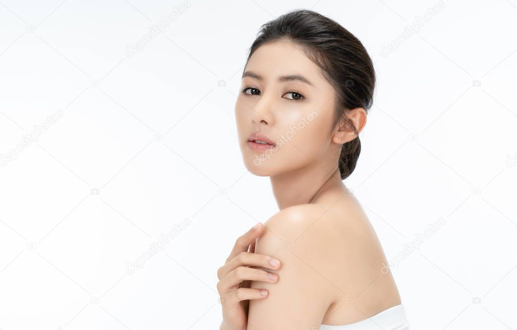 Beauty Spa Asian Woman with clean fresh skin and health wellness isolated on white background. Facial treatment, cosmetology, spa, natural makeup beautiful concept.